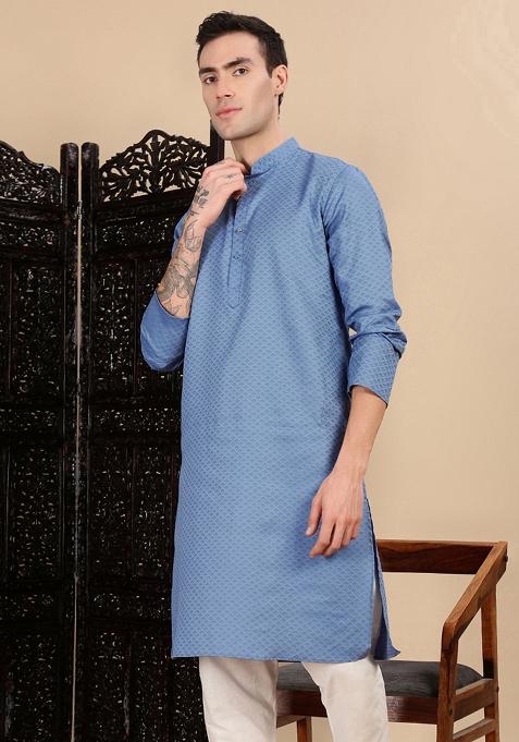 Grey Textured Cotton Kurta For Men