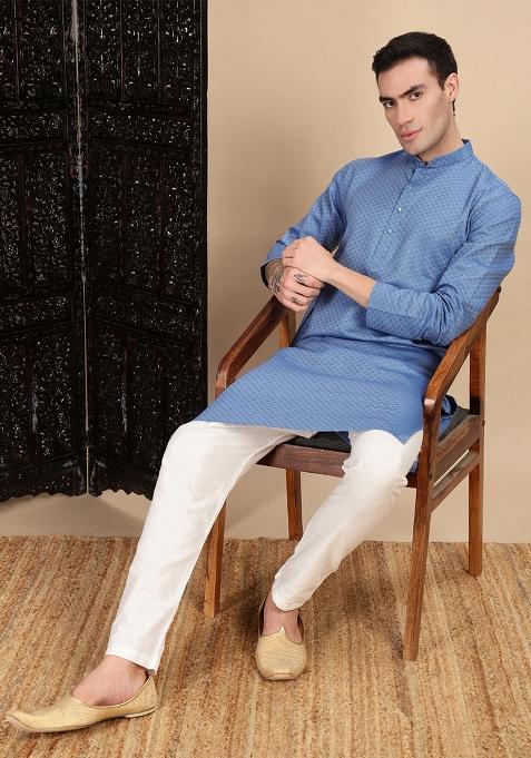 Grey Textured Cotton Kurta For Men