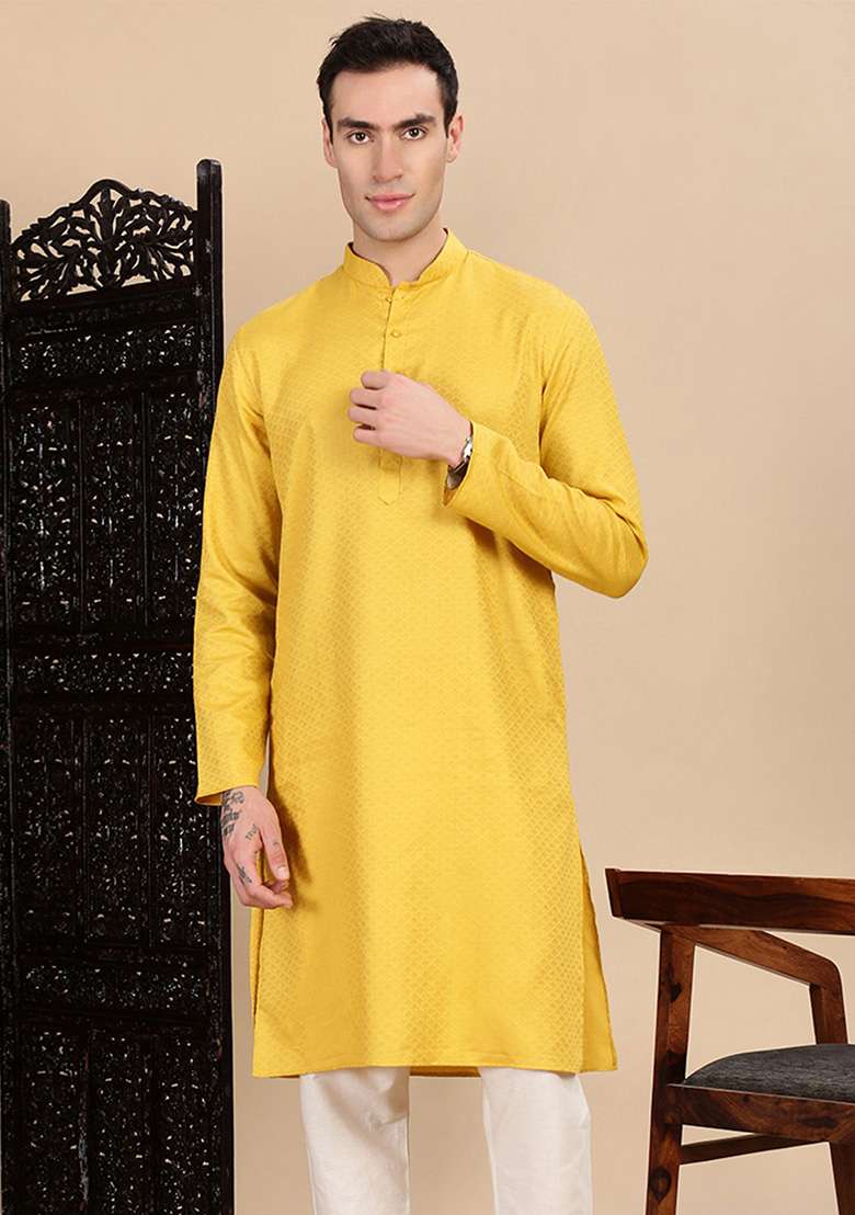 Mustard Yellow Textured Cotton Kurta For Men - Indya