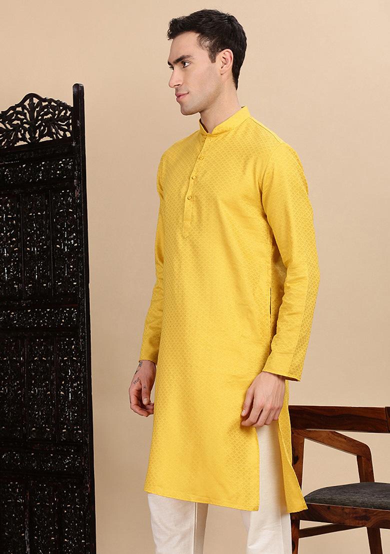 Mustard Yellow Textured Cotton Kurta For Men
