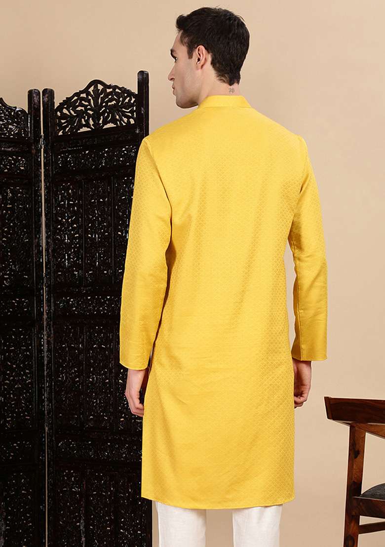Mustard Yellow Textured Cotton Kurta For Men - Indya