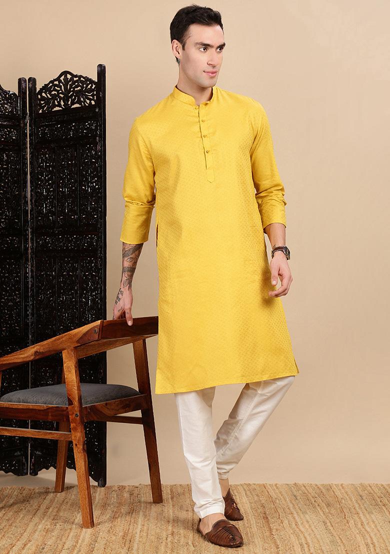Mustard Yellow Textured Cotton Kurta For Men