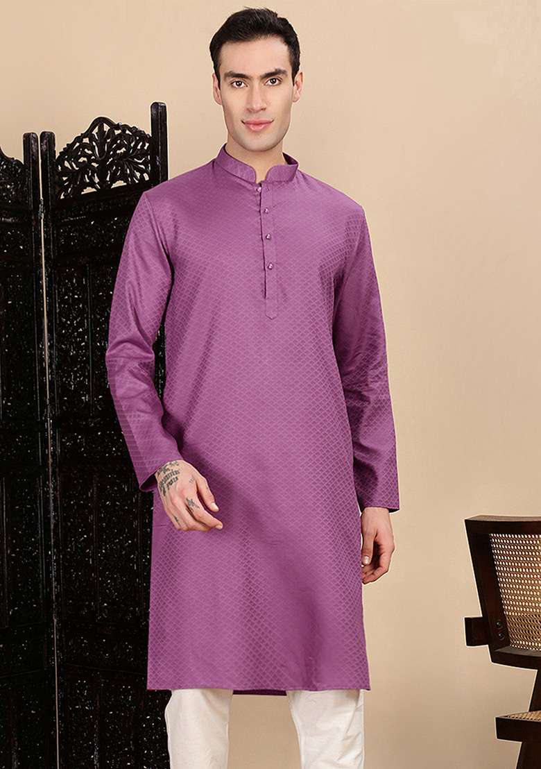 Mauve Textured Cotton Kurta For Men - Indya