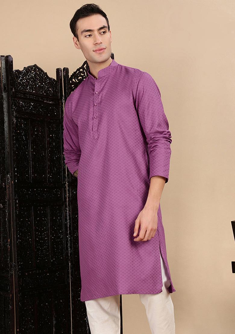 Mauve Textured Cotton Kurta For Men