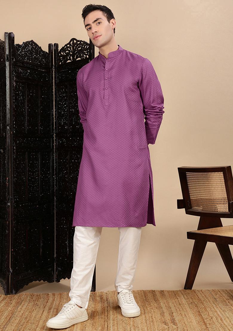 Mauve Textured Cotton Kurta For Men