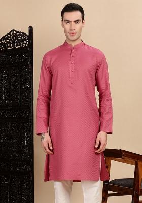 Pink Textured Cotton Kurta For Men