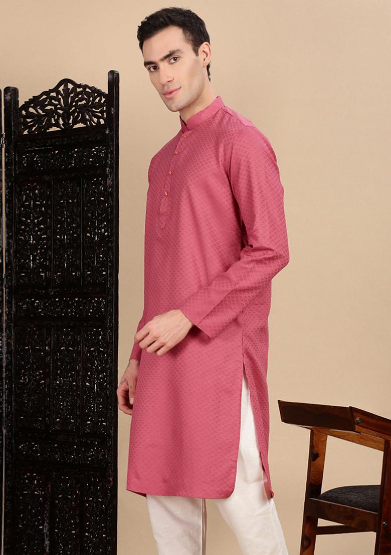 Pink Textured Cotton Kurta For Men