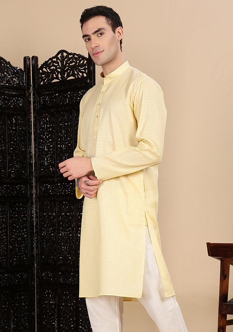 Beige Textured Cotton Kurta For Men