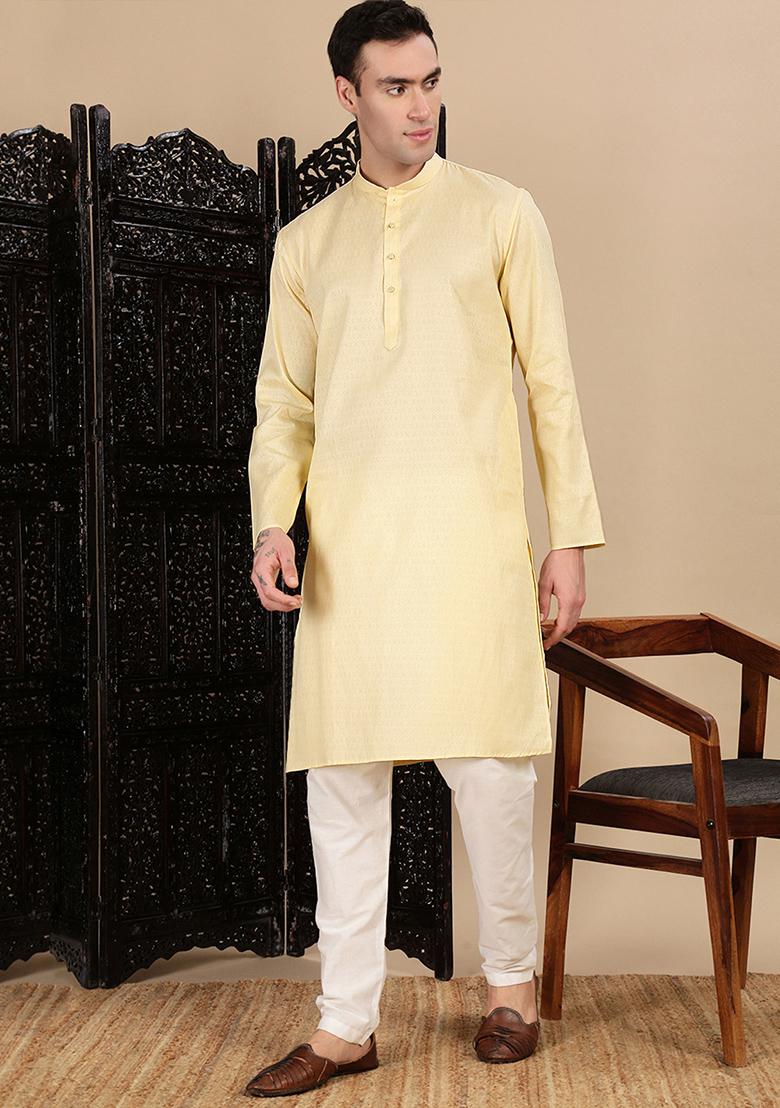 Beige Textured Cotton Kurta For Men