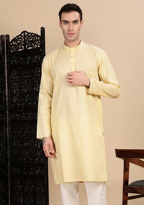 Beige Textured Cotton Kurta For Men