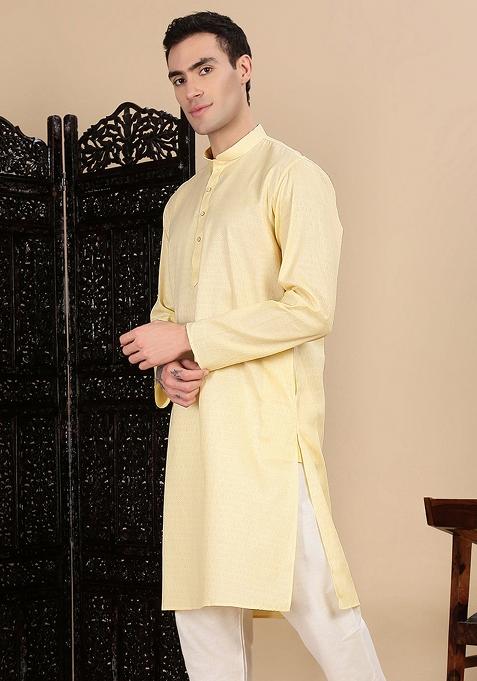 Beige Textured Cotton Kurta For Men