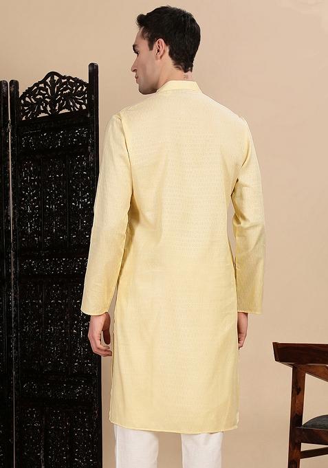Beige Textured Cotton Kurta For Men