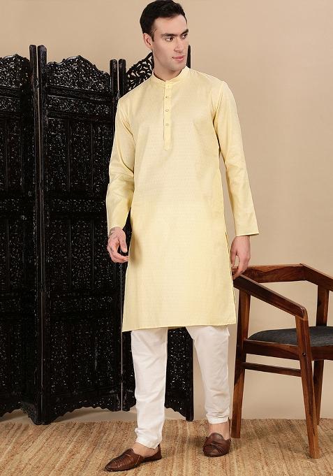 Beige Textured Cotton Kurta For Men