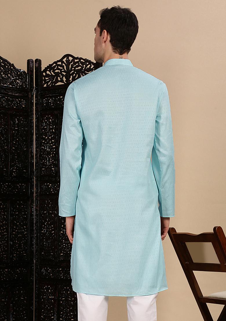 Sea Green Textured Cotton Kurta For Men