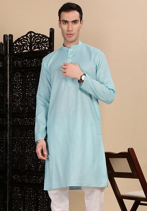 Sea Green Textured Cotton Kurta For Men
