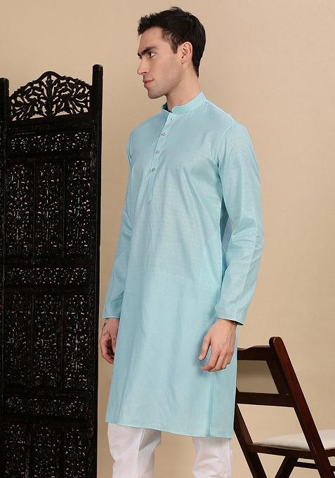 Sea Green Textured Cotton Kurta For Men