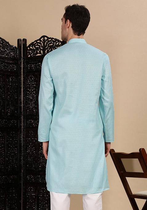 Sea Green Textured Cotton Kurta For Men
