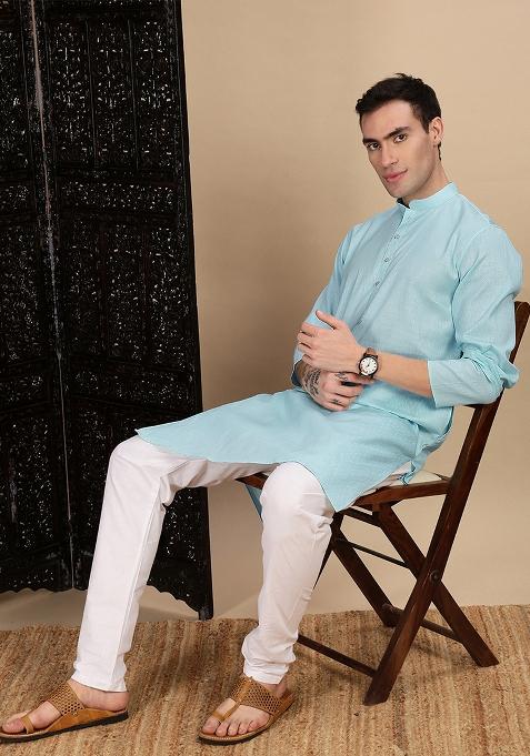 Sea Green Textured Cotton Kurta For Men