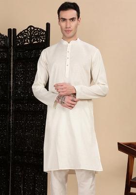 Cream Textured Cotton Kurta For Men