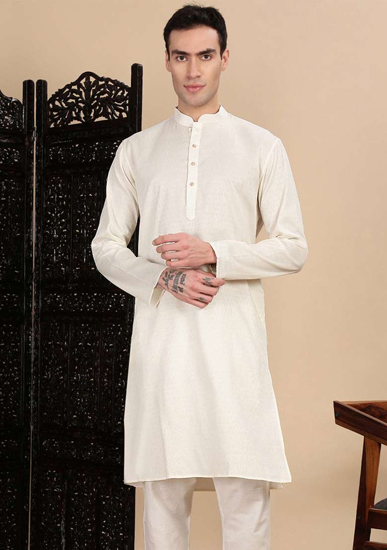 Cream Textured Cotton Kurta For Men - Indya