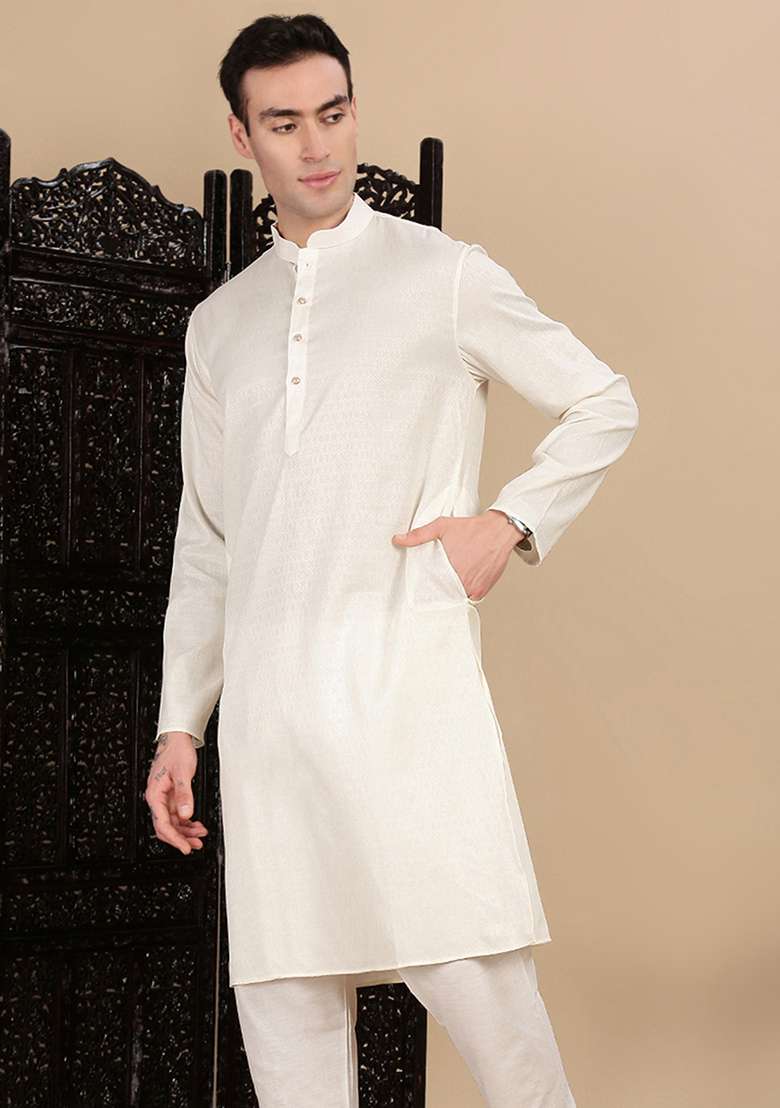 Cream Textured Cotton Kurta For Men - Indya