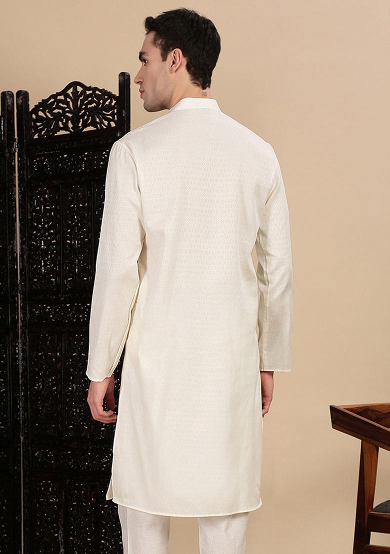 Cream Textured Cotton Kurta For Men