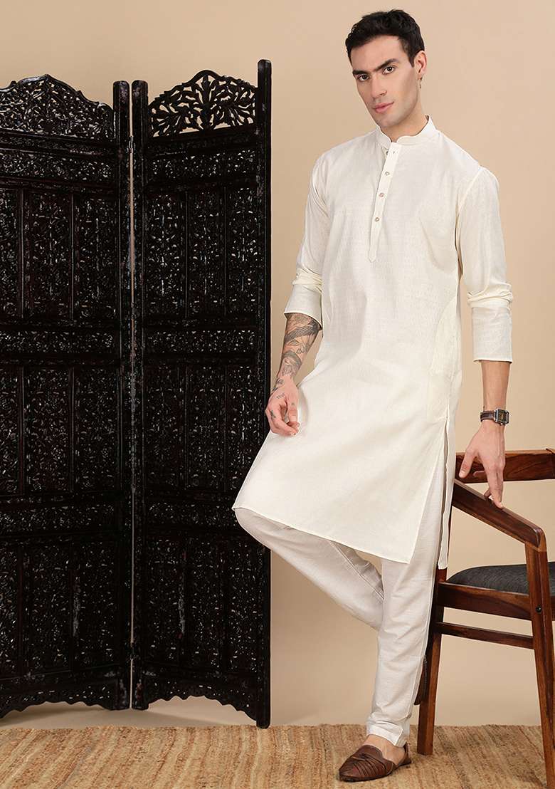 Cream Textured Cotton Kurta For Men - Indya
