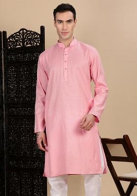 Light Pink Textured Cotton Kurta For Men