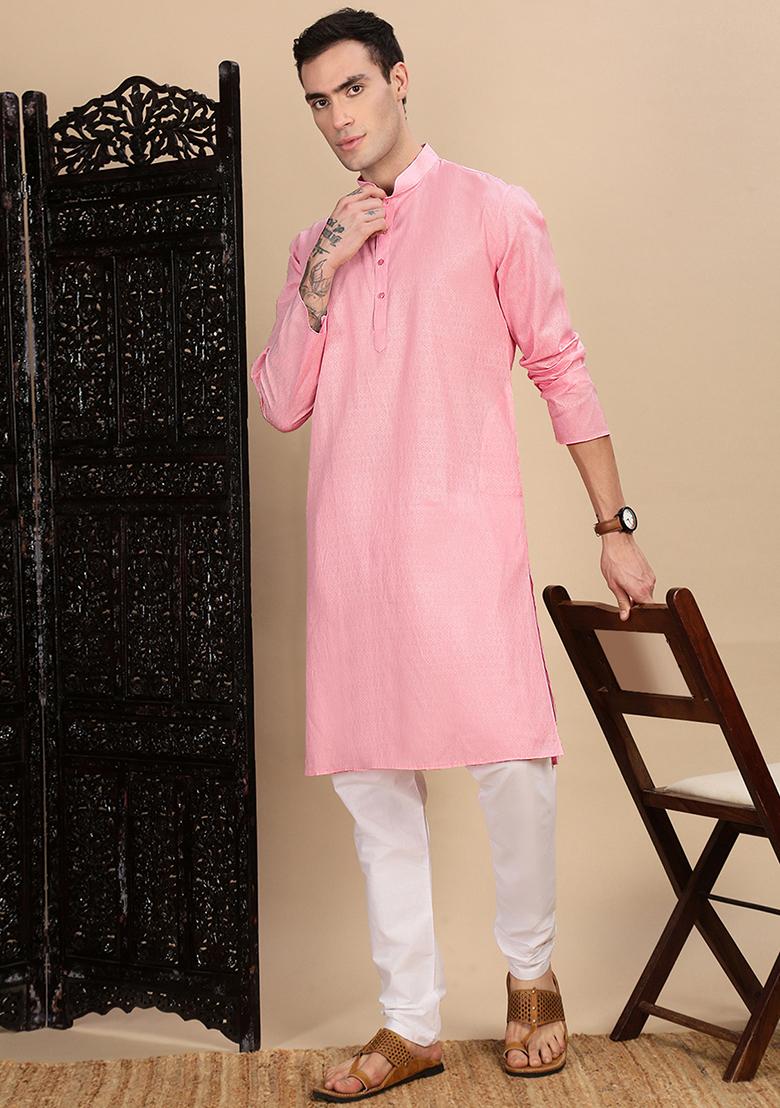 Light Pink Textured Cotton Kurta For Men