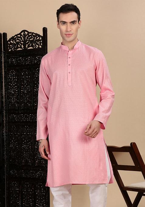 Light Pink Textured Cotton Kurta For Men