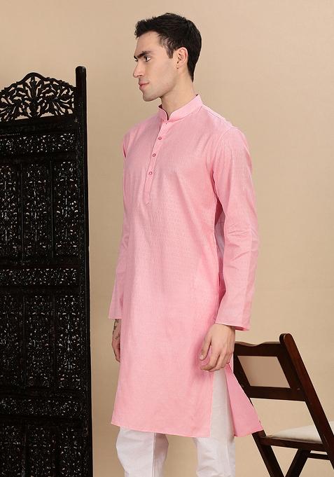 Light Pink Textured Cotton Kurta For Men