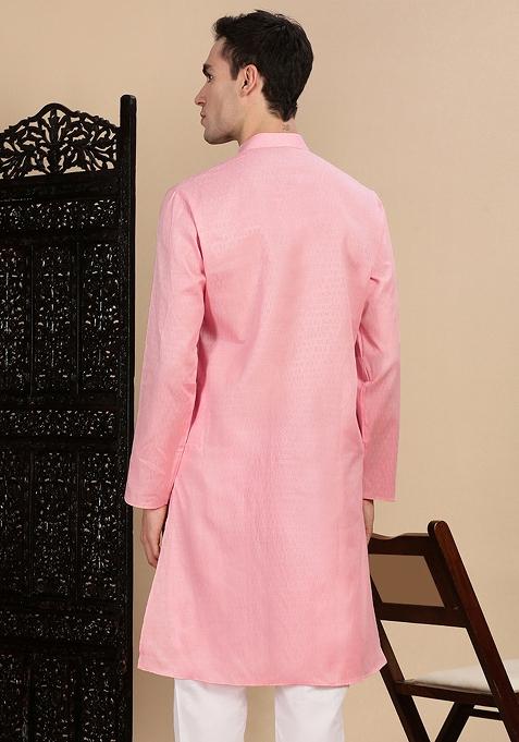 Light Pink Textured Cotton Kurta For Men