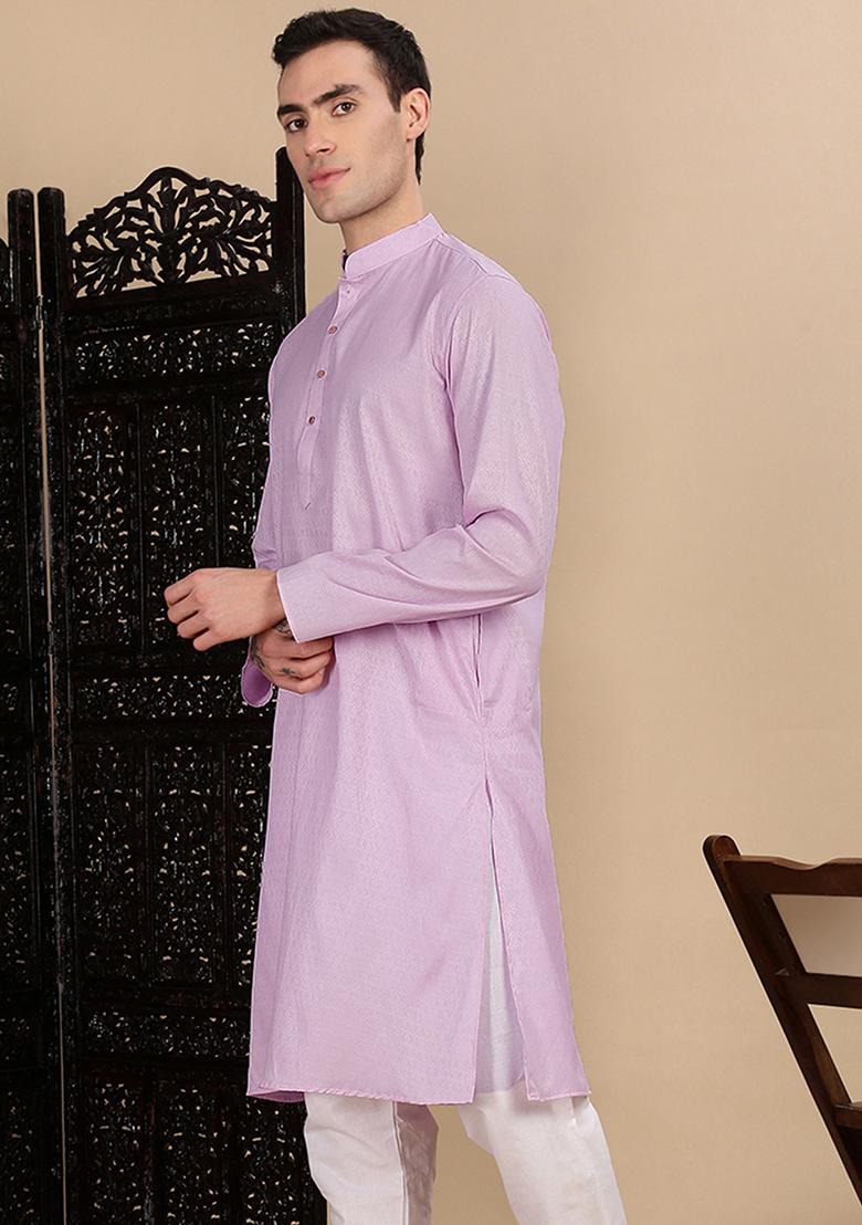 Mauve Textured Cotton Kurta For Men