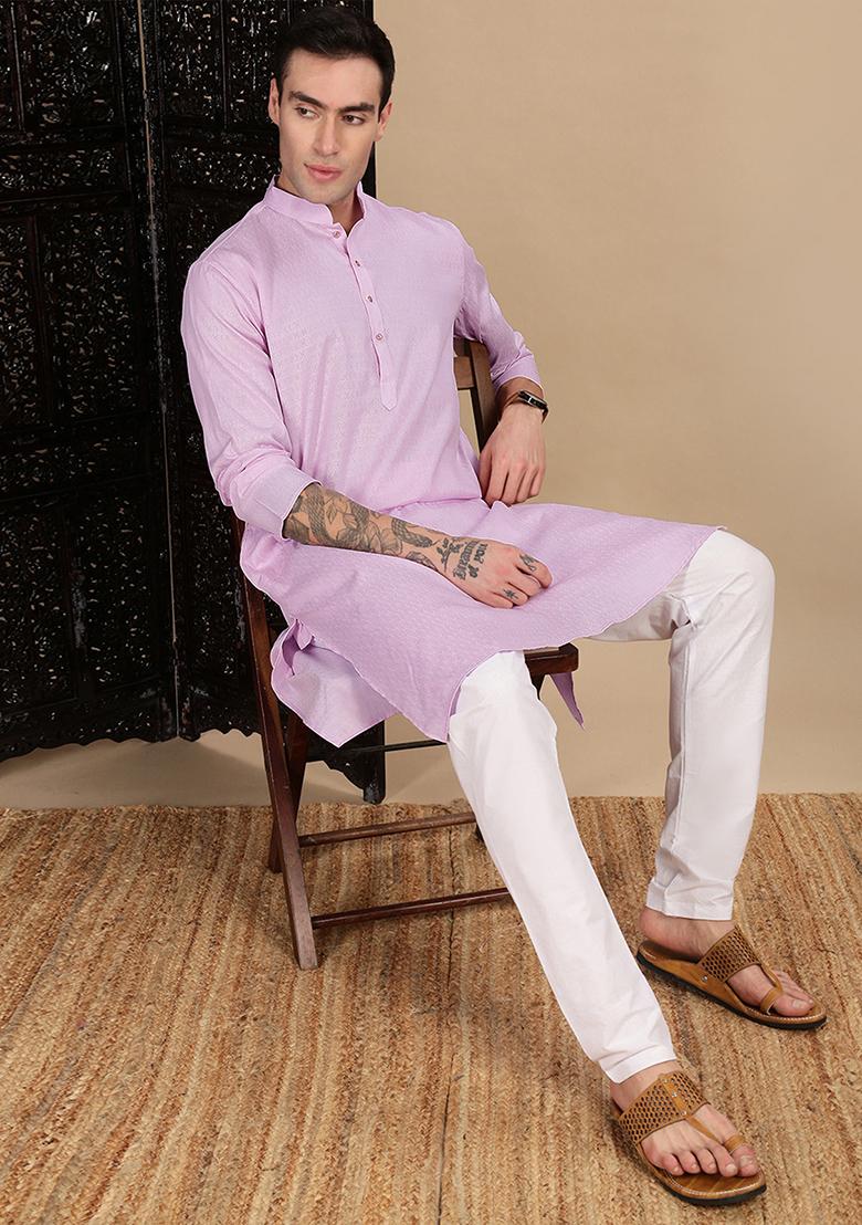 Mauve Textured Cotton Kurta For Men