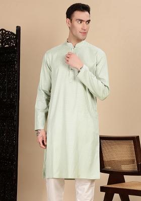 Pista Green Textured Cotton Kurta For Men