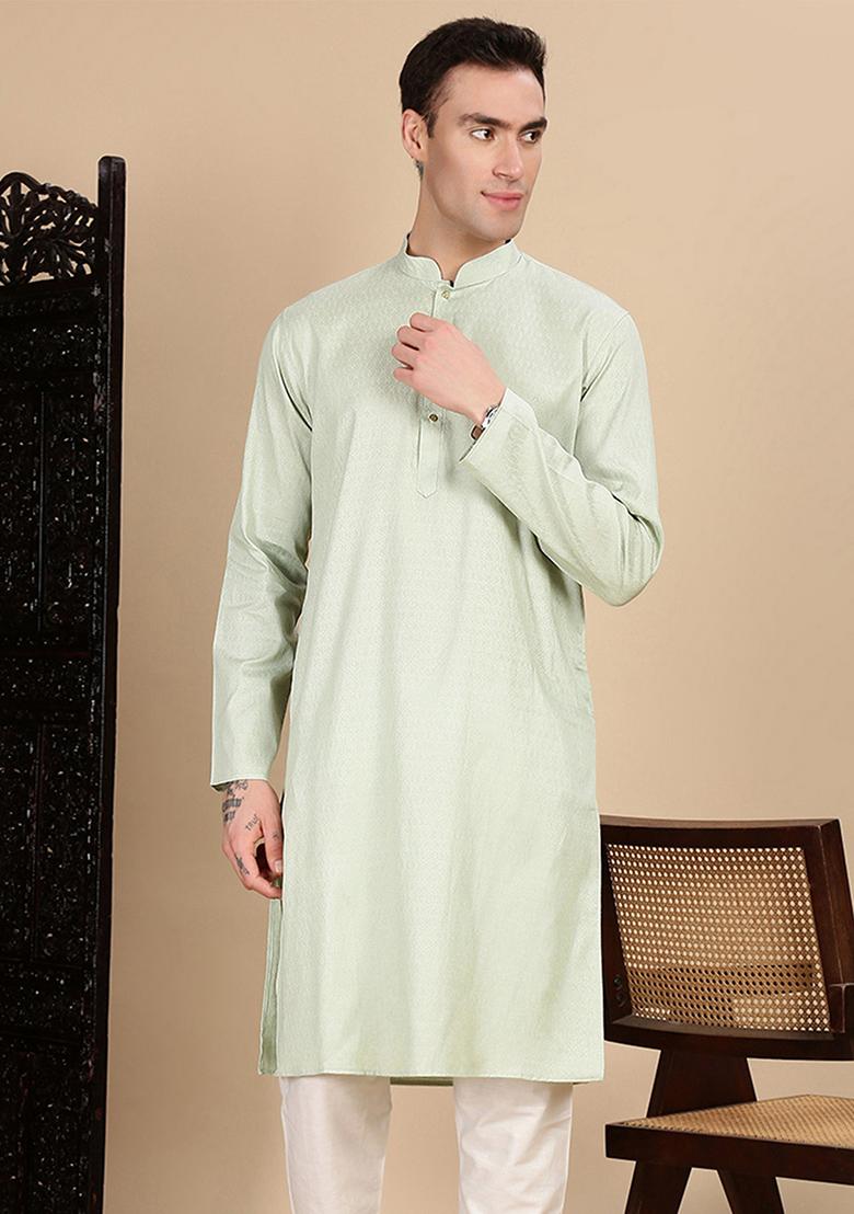 Pista Green Textured Cotton Kurta For Men