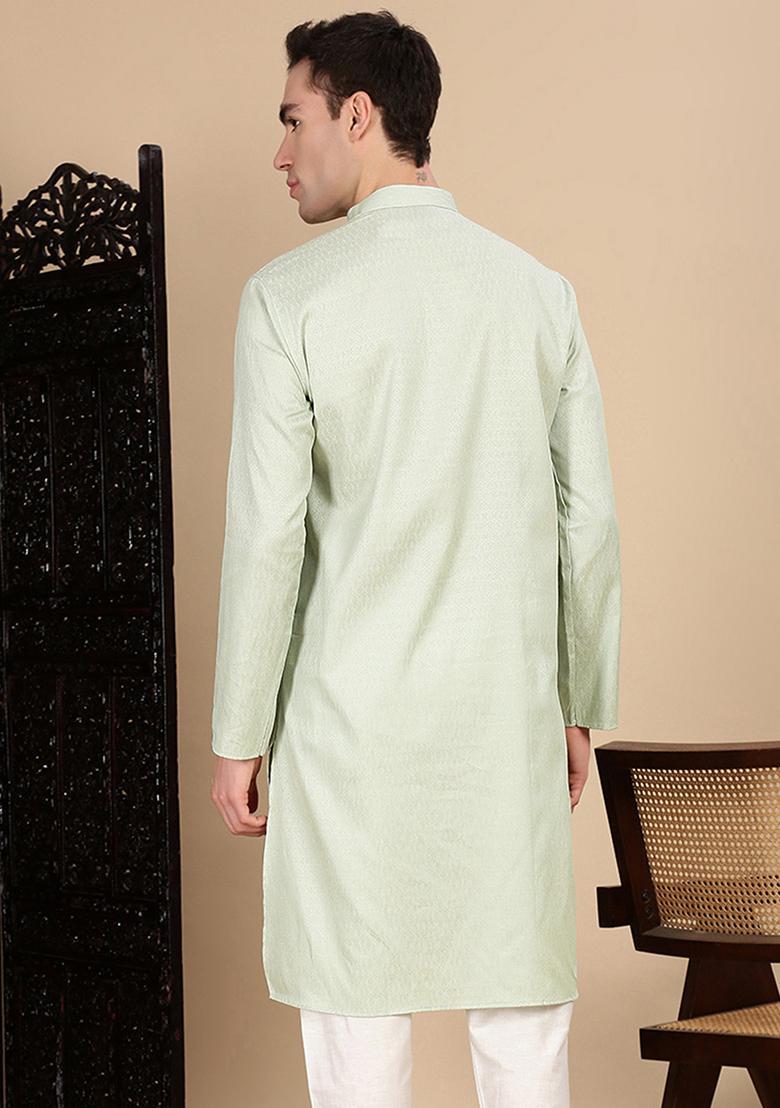 Pista Green Textured Cotton Kurta For Men