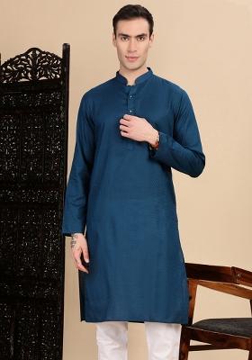 Blue Textured Cotton Kurta For Men