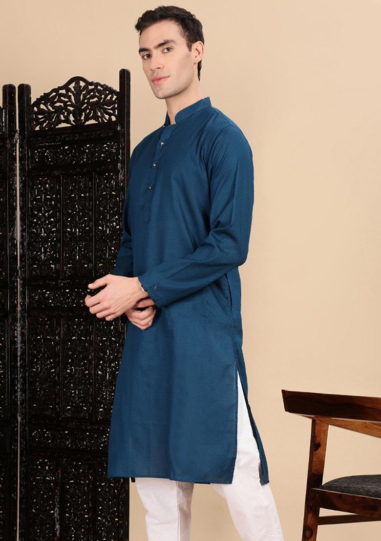 Blue Textured Cotton Kurta For Men