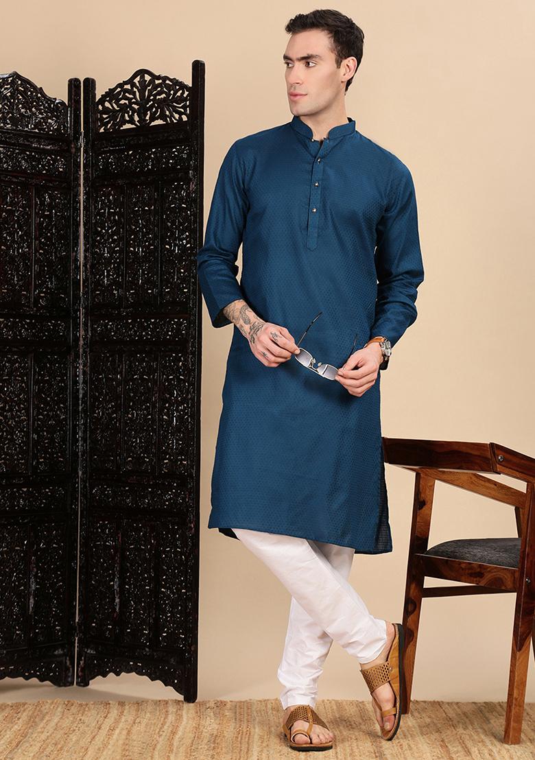 Blue Textured Cotton Kurta For Men