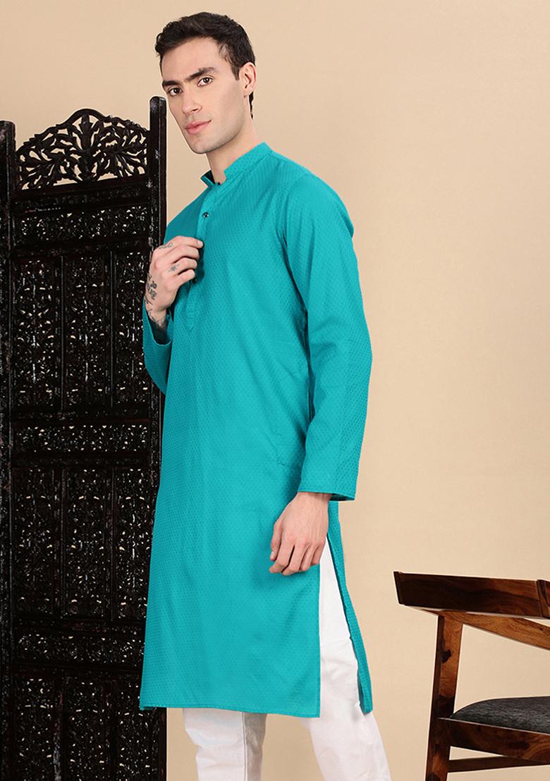 Ses Green Textured Cotton Kurta For Men