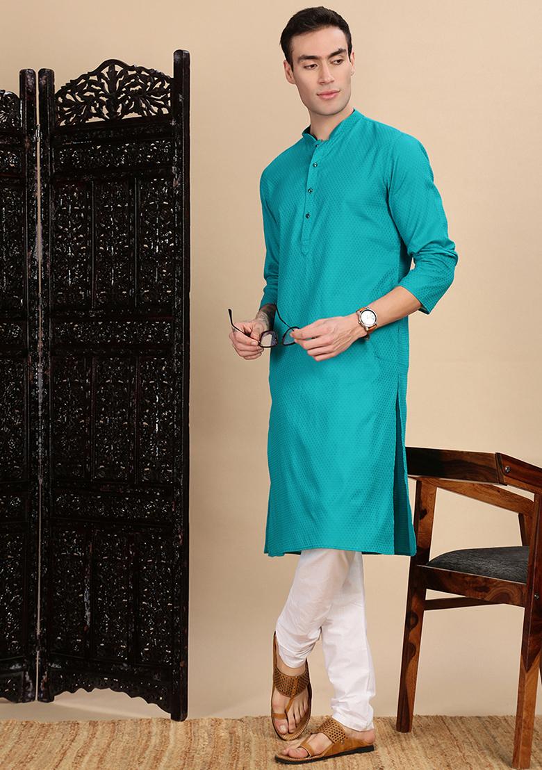 Ses Green Textured Cotton Kurta For Men