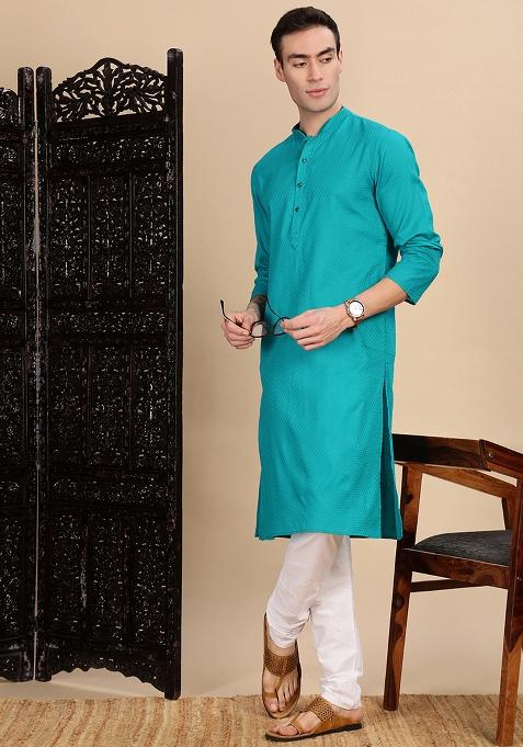 Ses Green Textured Cotton Kurta For Men