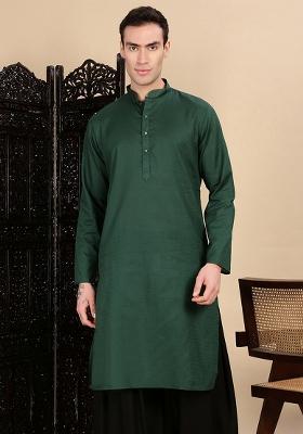 Deep Green Textured Cotton Kurta For Men