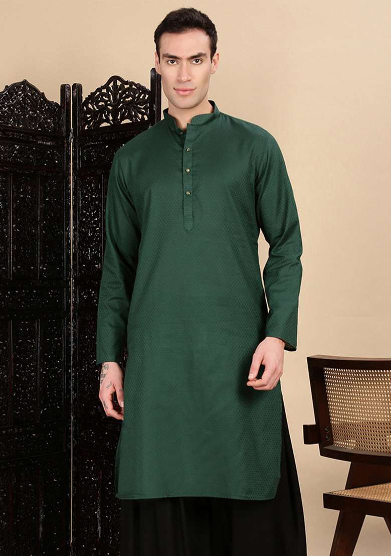 Deep Green Textured Cotton Kurta For Men - Indya