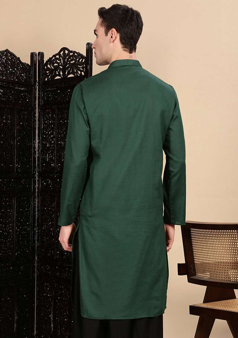 Deep Green Textured Cotton Kurta For Men - Indya