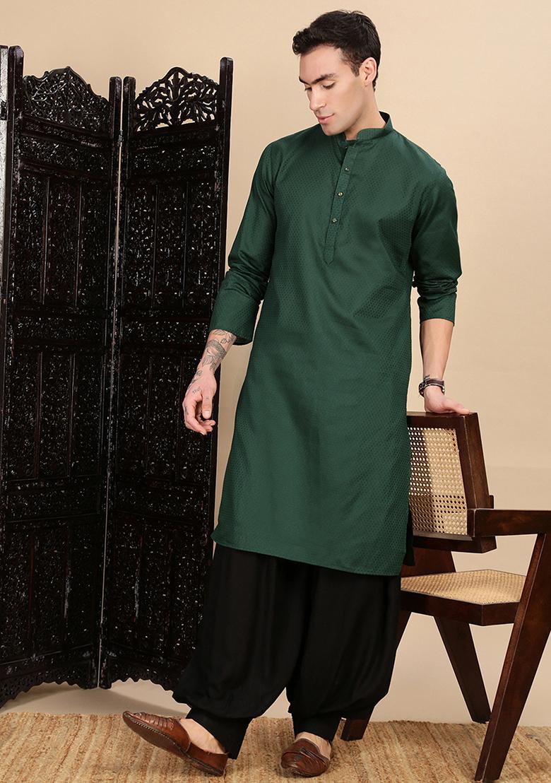 Deep Green Textured Cotton Kurta For Men