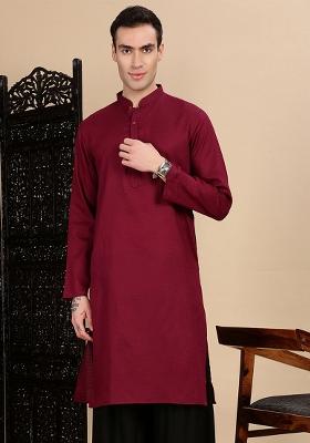 Maroon Textured Cotton Kurta For Men