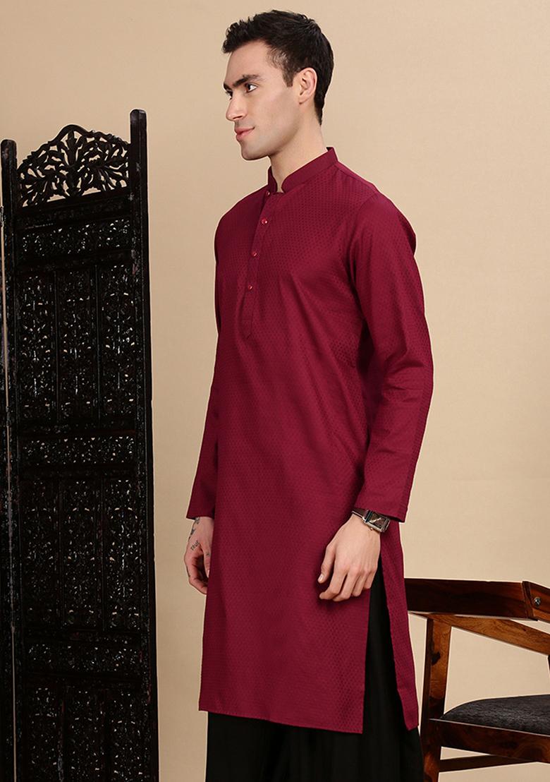 Maroon Textured Cotton Kurta For Men