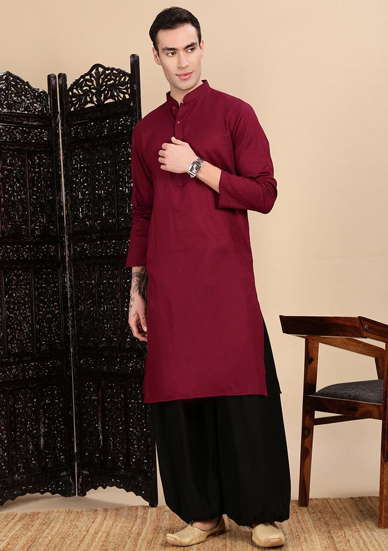 Maroon Textured Cotton Kurta For Men